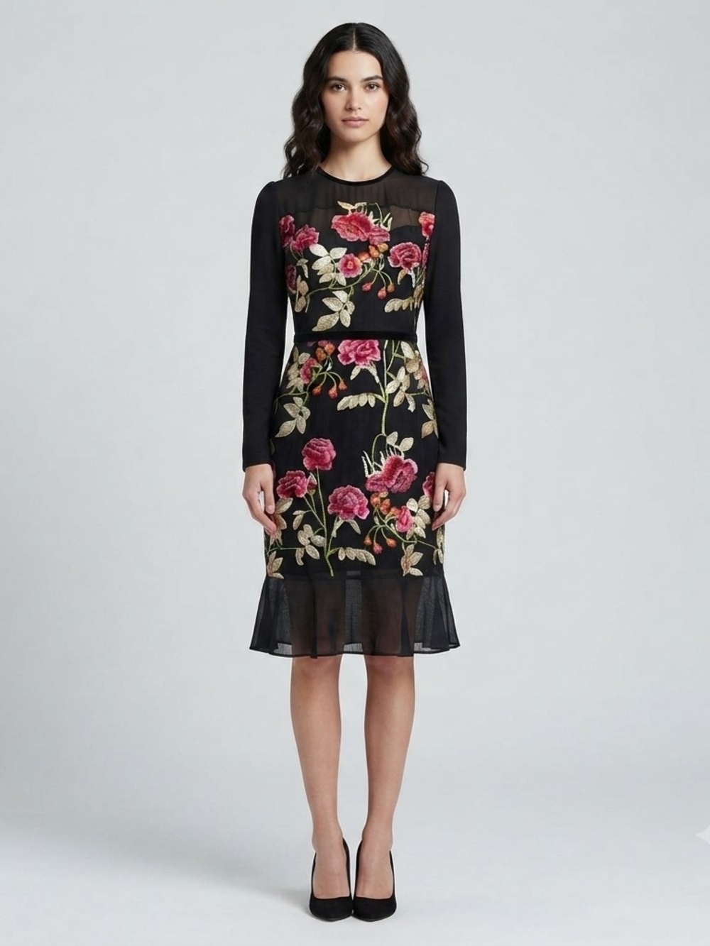 Black Long-Sleeve Floral Embroidered Sheath Dress With Velvet Trim Size Small